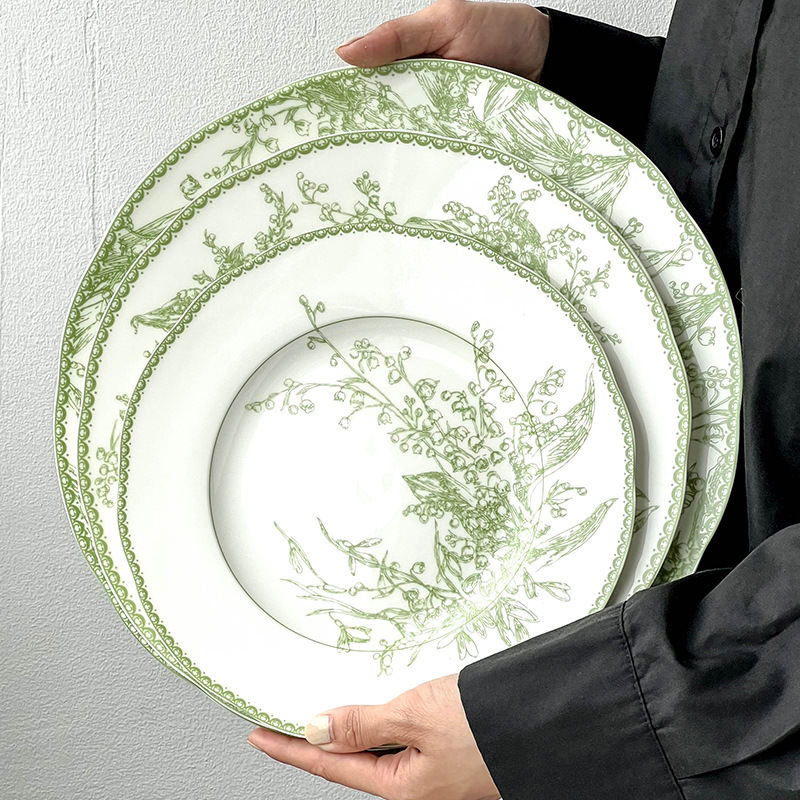 Emerald Green Lily of the Valley Series Ceramic Western Food Plate Set High-End Cake Plate French Plate