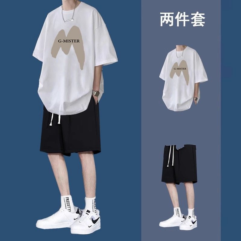 (2개) 여름 반팔 티셔츠 느슨한 유행 학생 캐주얼 소년 스포츠 반바지와 함께 멋진 착용 세트 세트