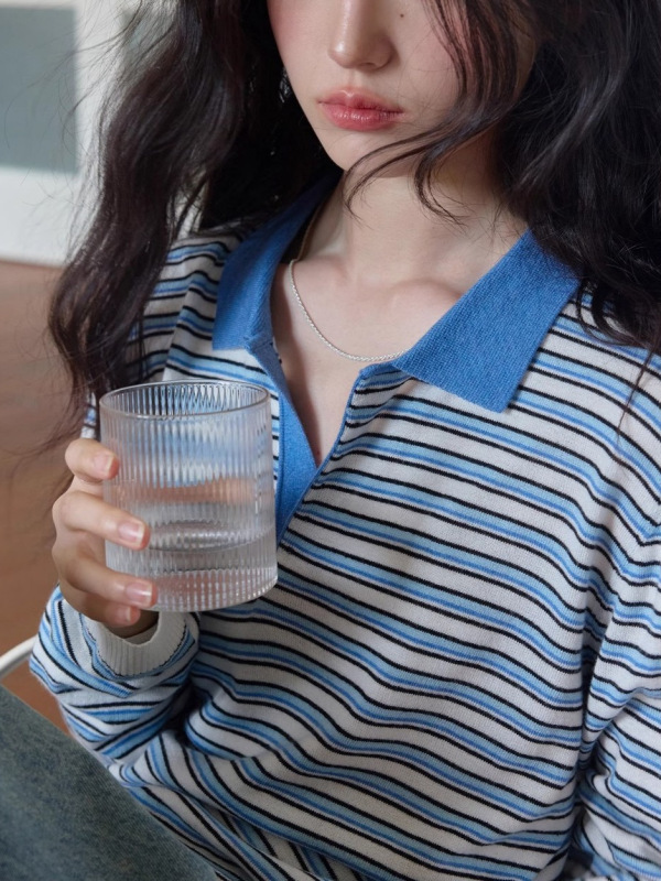 撞色polo翻领蓝白条套头羊毛针织衫2025女秋层次感宽松薄毛衣|undefined