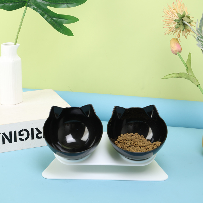 Cuenco de comida para gatos cuenco de gato antideslizante cuenco de alimentación oblicuo de dos colores tazón para beber tazón doble para mascotas tazón de plástico para mascotas