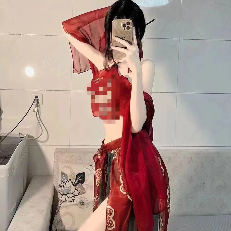 Dunhuang Phoenix Feitian Printed Belly Dance Costume Set with Shawl, Dudou, Skirt and Thong — detail image 6