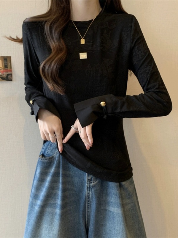设计感正肩长袖T恤打底衫女春秋新款大码胖mm显瘦新中式国风上衣|undefined