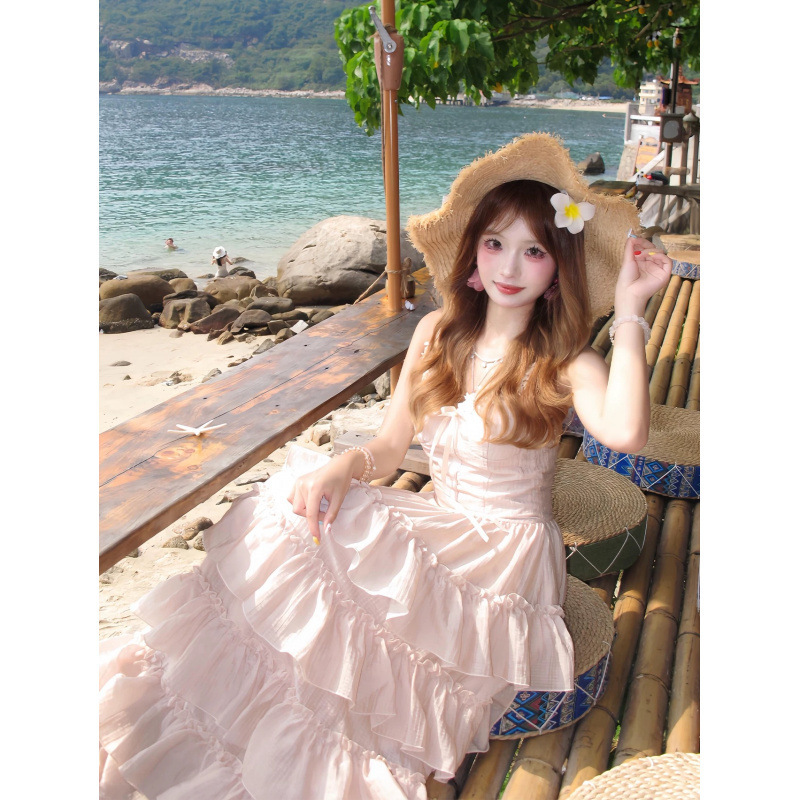 Tt6055-2 Cross-Border French Lace Suspender Dress for Women, Summer Princess Cake Dress, Unique Puffy Long Dress