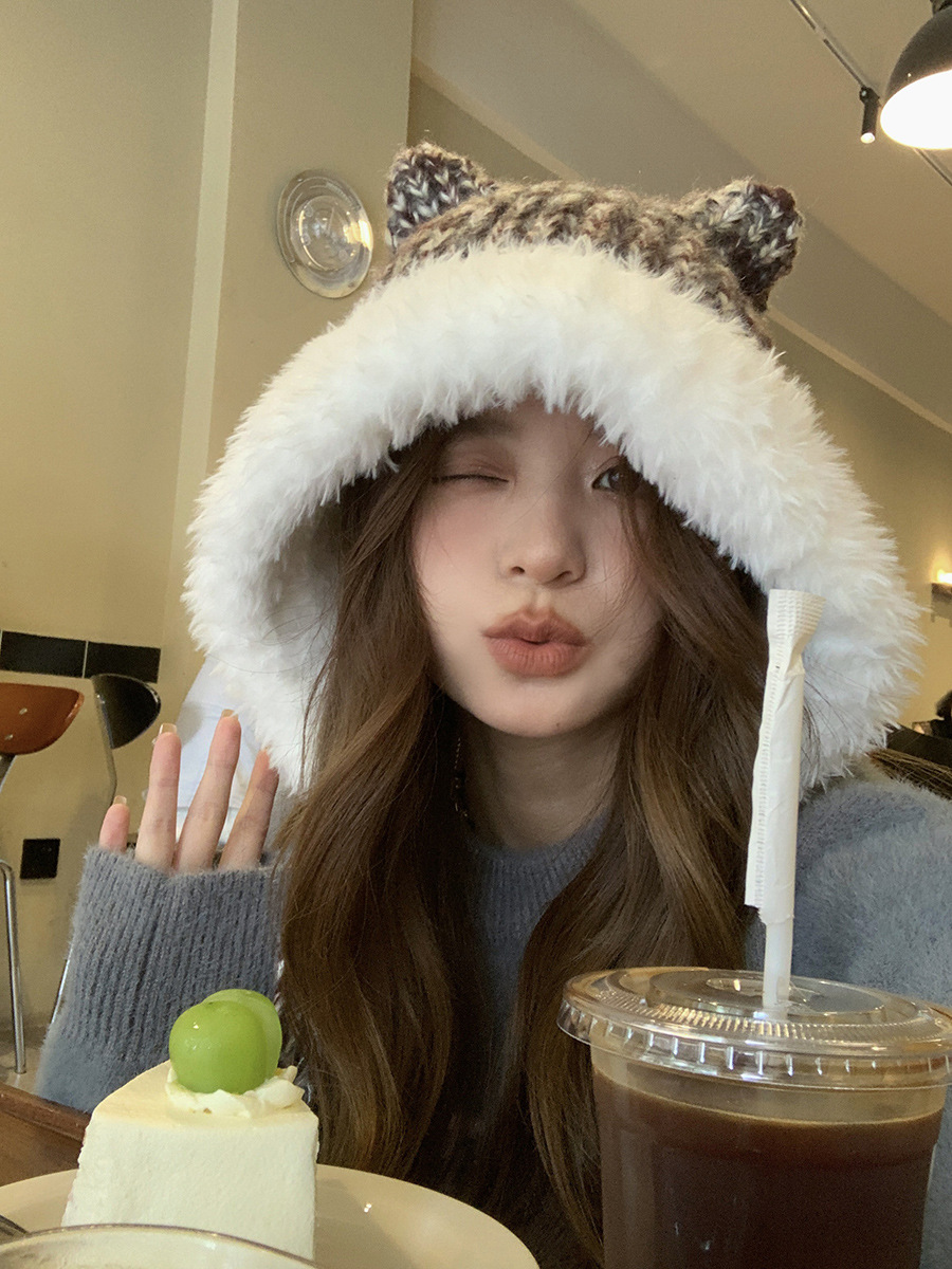Cute Ears, Big Headband, Colorful Thick Wool Knitted Hat, Women's Autumn and Winter Warmth, Show Face, Small Plush_voghion.com