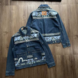 春秋季新款潮牌福神民族风印花男士牛仔夹克外套 男款牛仔上衣