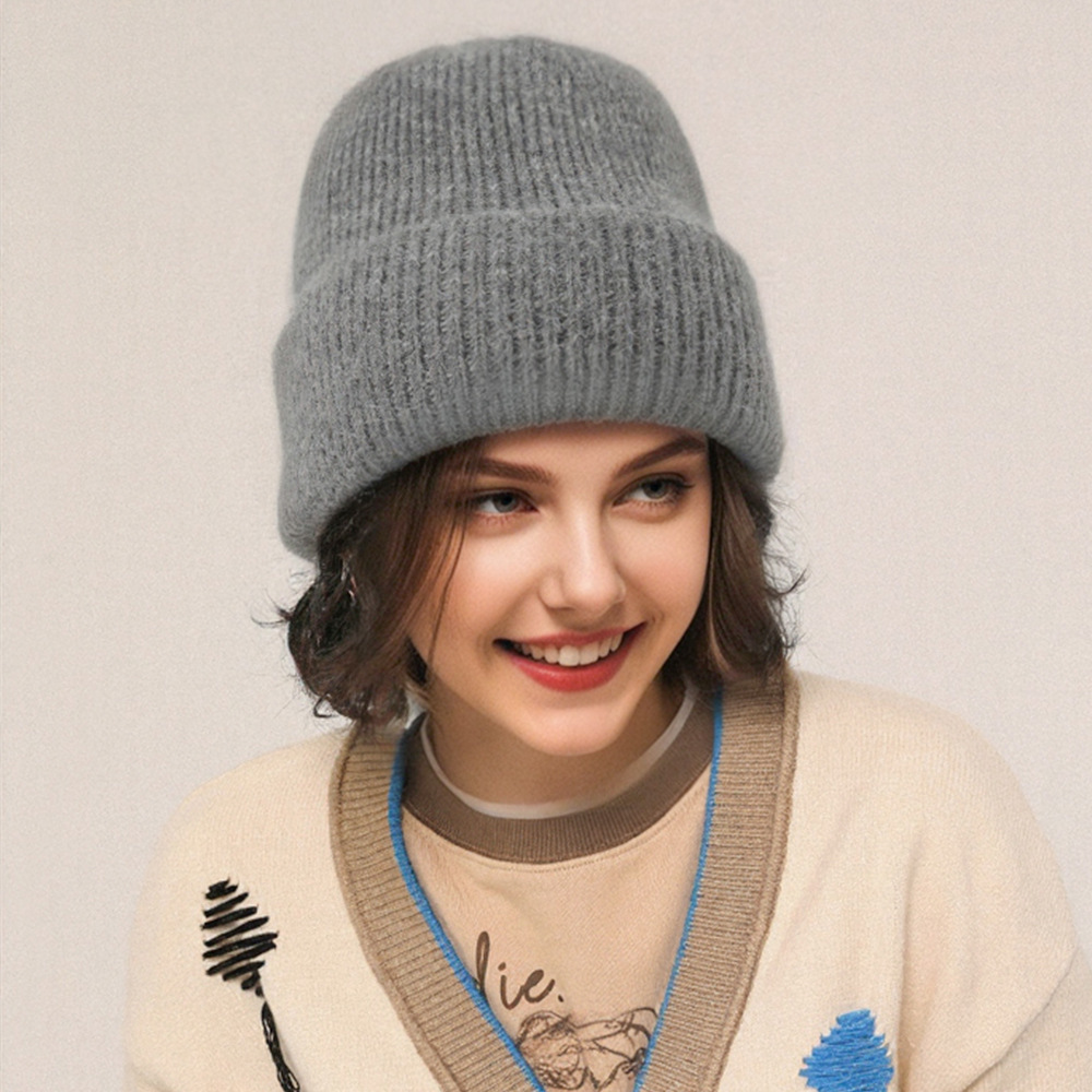 Autumn Winter New Pure Cashmere For Women, Warm Double-Sided Thick Versatile Casual Hat, Stylish Solid Color Knitted Hat_voghion.com