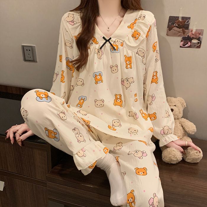 Pijamas de algodón nubes al por mayor transfronterizos de primavera y otoño de mujeres pantalones de manga larga de dos piezas con dibujos animados a rayas coreanas lindos ropa para el hogar