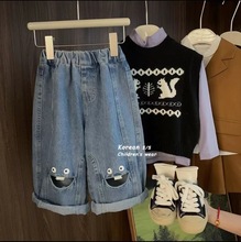 儿童卡通牛仔裤夏装洋气2024新款男孩休闲裤卡通女童长裤时髦春夏