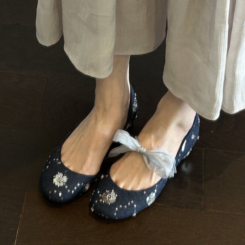 Retro-Style Open-Toe Low-Heel Ballet Shoes 2026 New Model Side-Cut Sequin Shallow Round-Toe Hidden Heel Women's Flats Retro-Style Open-Toe Low-Heel Ballet Shoes 2026 New Model Side-Cut Sequin Shallow Round-Toe Hidden Heel Women's Flats