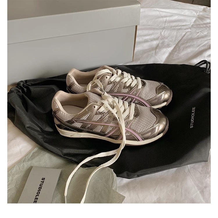 Grape Mom studiolee nuevo estilo deportivo americano costura de malla de todo fósforo color de contraste zapatos de papá primavera para mujer