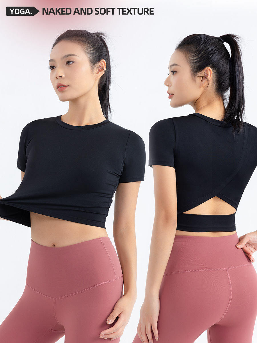 Nueva ropa de yoga para mujer para otoño e invierno, de manga corta, con sensación de desnudo, que deixa expuesto o ombligo, tops deportivos con espalda abierta, ajustados, de secado rápido, camisetas de fitness.
