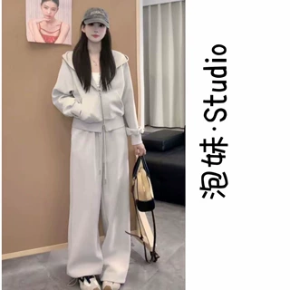 秋冬季新款大码纯色韩版松弛气质连帽卫衣百搭显瘦休闲时尚套装女