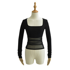 辣妹純欲風秋季新款透視網紗拼接上衣方領低胸時尚長袖緊身T恤