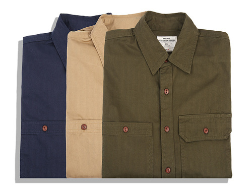 OKONKWO 新款纯色人字纹衬衫 男士工程师日系工装长袖衬衣