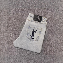 品质牛仔裤男水洗小脚美式欧货字母做旧浅蓝色裤子社会小伙裤