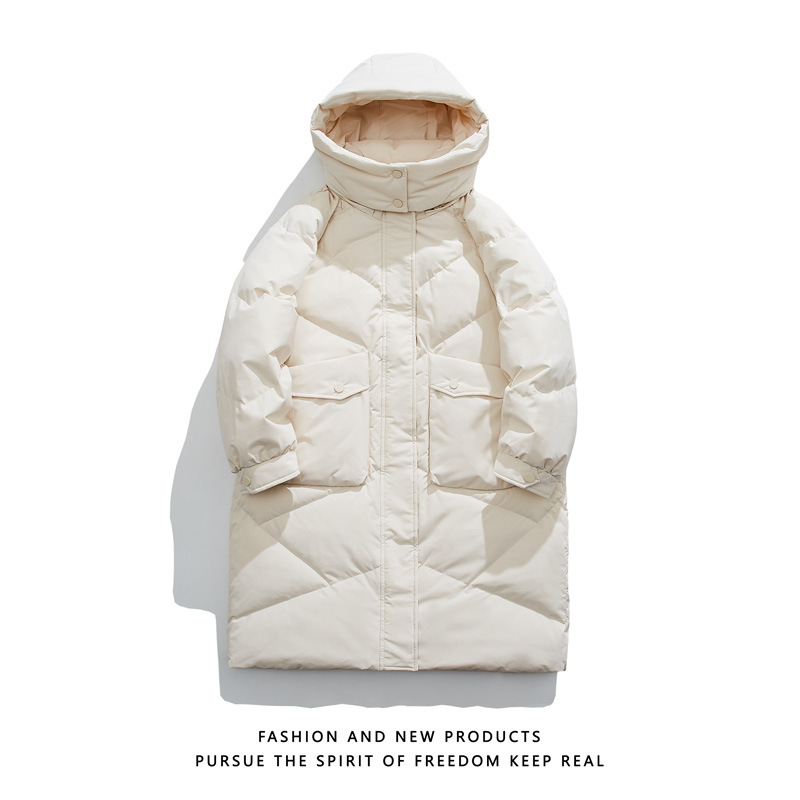 Chaqueta de Plumón Larga con Capucha 90% Plumón de Pato Blanco Cuello Desmontable para Uso Diario