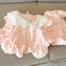 网红款娃娃领少女睡衣夏季短袖短裤花边两件套格纹公主风家居服
