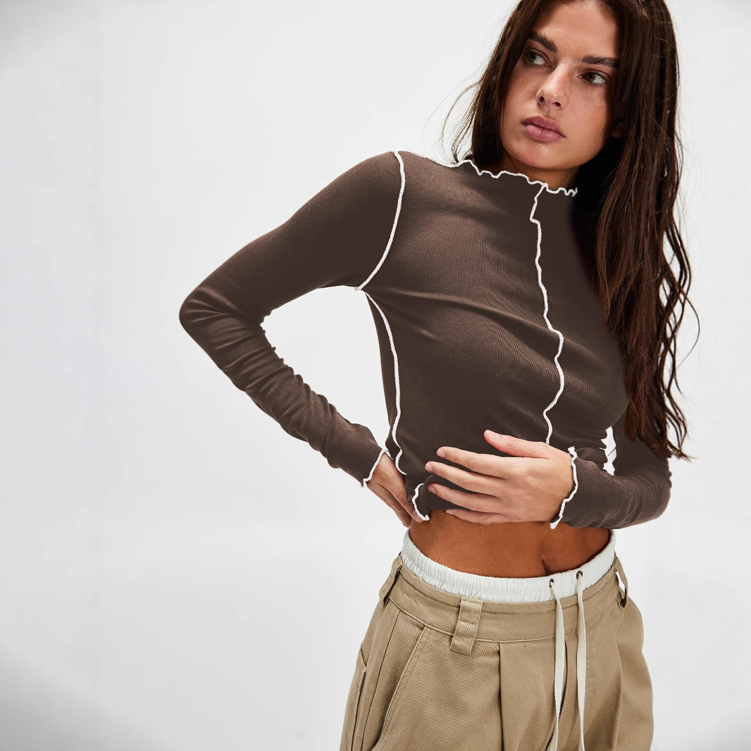 Women's Color Block High Neck Long Sleeve T-Shirt Slim Fit Versatile Base Layer Early Autumn Trendy Top_ecoleips.com