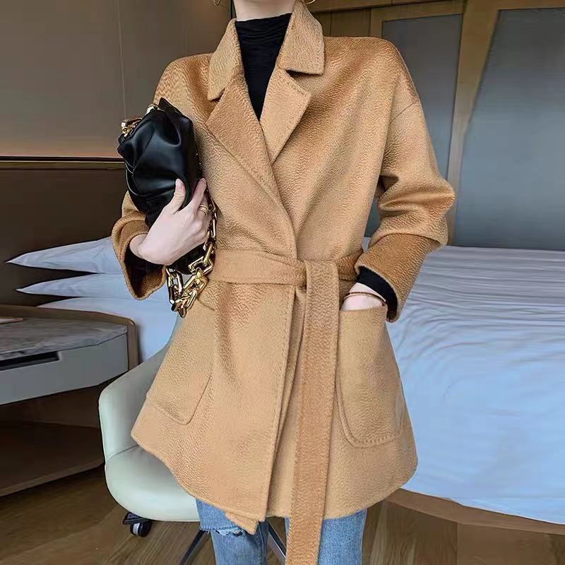 2024 New Max Water Ripple Bathrobe Short Belt Small Slim Double-Sided Wool Cashmere Coat for Women