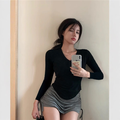 Women's Long-Sleeve T-Shirt 2025 Spring and Autumn New V-Neck Design Fitted Base Layer Top Asymmetrical Hot Girl Pure Desire Style Top