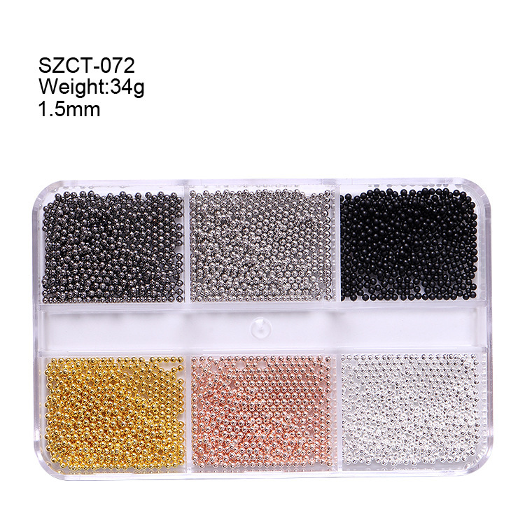 Accesorios de uñas transfronterizos al por mayor 6-grid nail aleación de acero cuentas oro plata tamaño mezclado decoraciones de uñas al por mayor