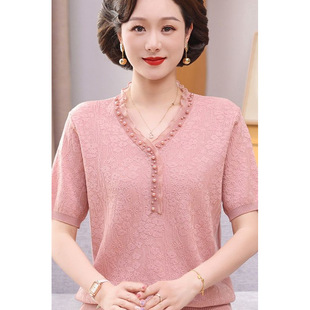 Mom's Summer Short-Sleeved T-Shirt 2025 New Middle-Aged and Elderly Chinese Style Women's Ice Silk Knitted Summer Top Suit