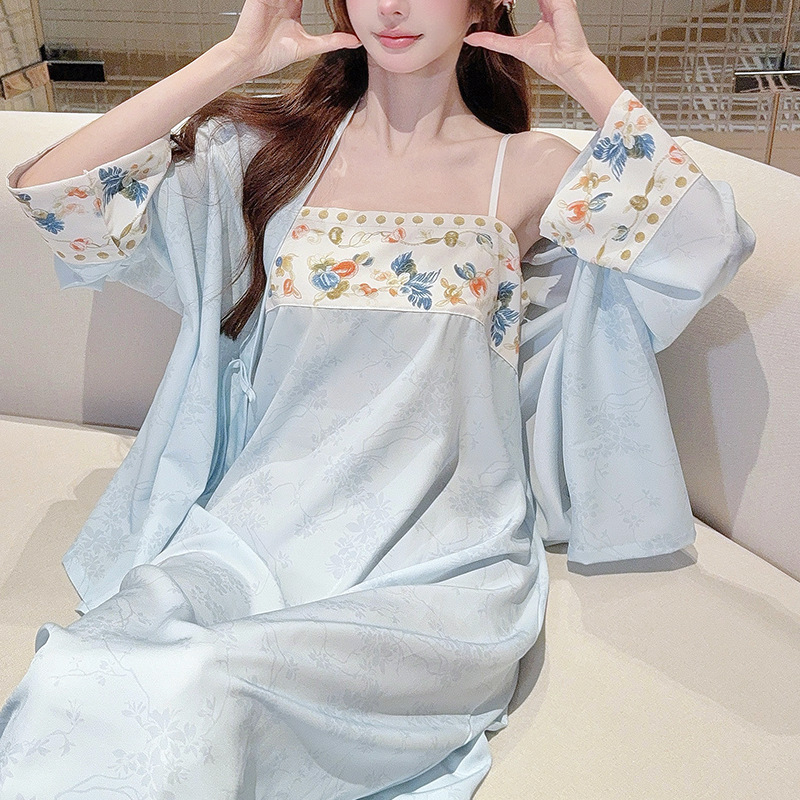Popular New Chinese-Style Ice Silk Camisole Nightgown for Women, Summer Two-Piece Jacquard Sleepwear with Chest Pads, Loungewear