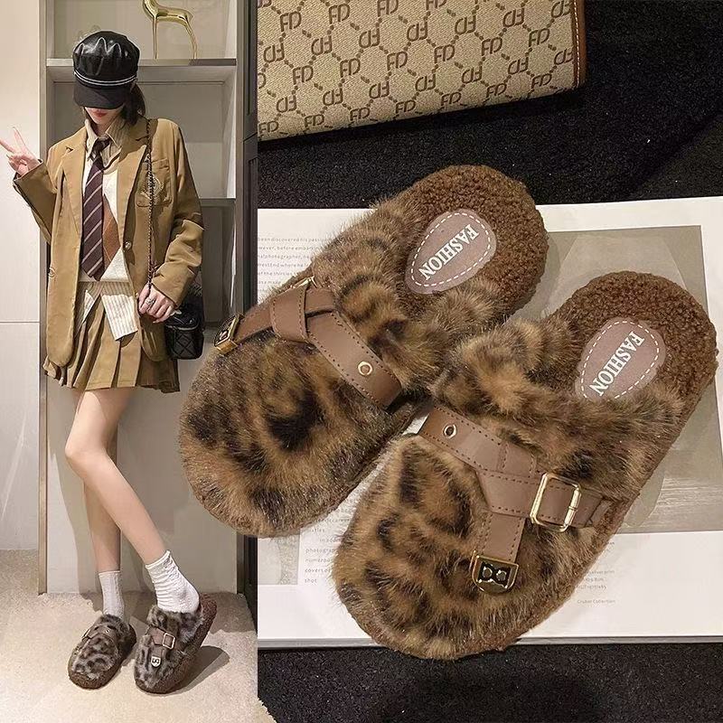厚底豹纹包头毛毛拖鞋女秋冬季时尚韩系外穿保暖舒适防滑气质棉拖|undefined