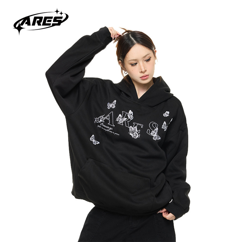 ARESWINGSARESWINGS秋季简约高级感蝴蝶刺绣连帽卫衣女宽松上衣|undefined