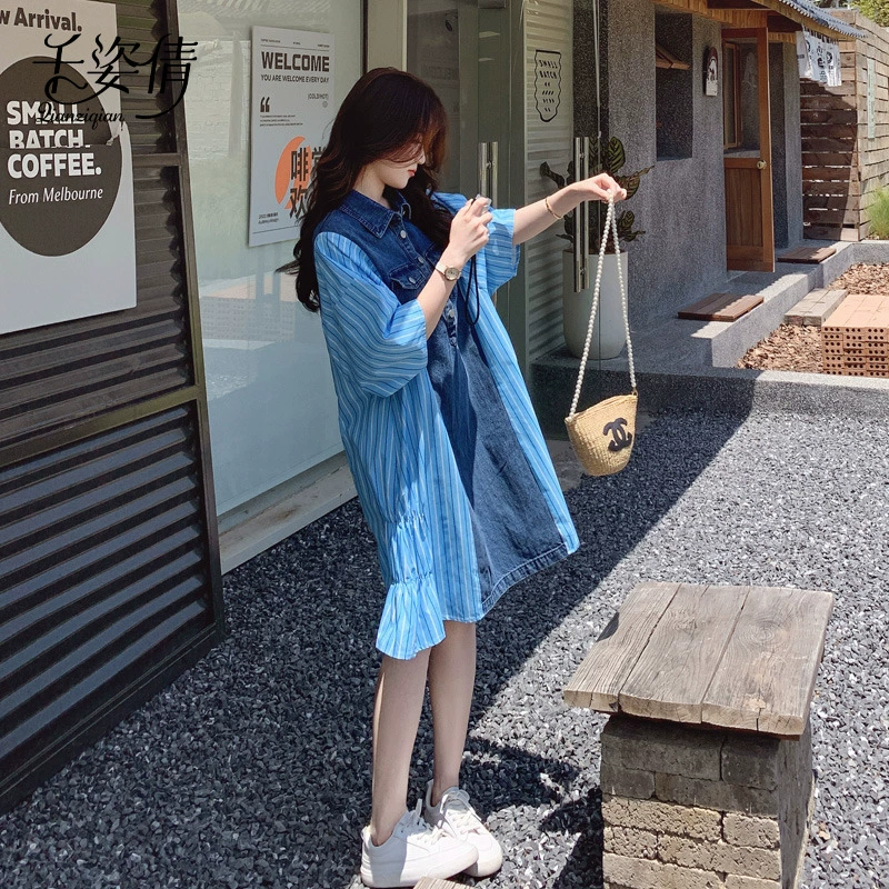Синее джинсовое платье-рубашка, летнее женское платье 2025 года, свободная повседневная нишевая юбка в корейском стиле