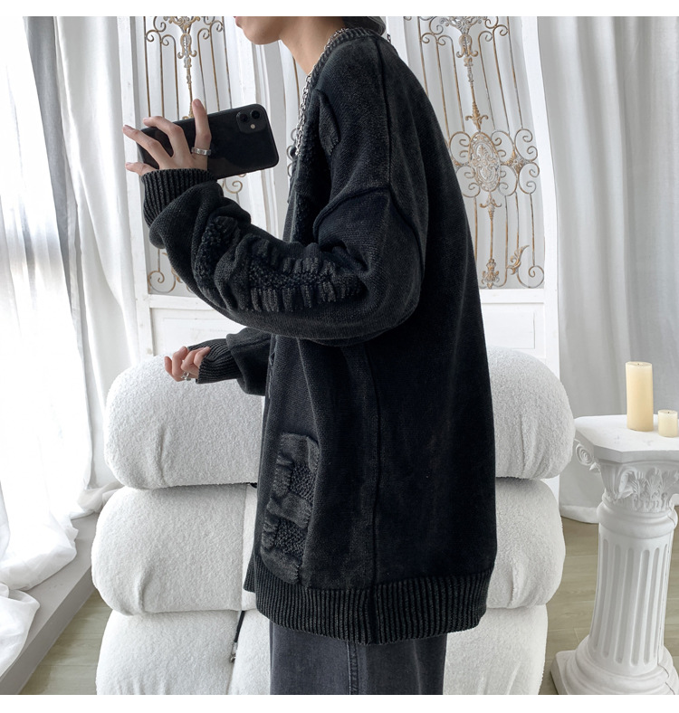 Men's Oversized Knit Sweater Round Neck Streetwear Pullover_voghion.com
