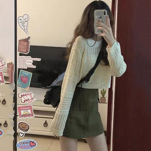 Knitted long-sleeve women's summer hollow-out versatile thin ice-silk relaxed-fit pullover with a stylish design—perfect for petite figures