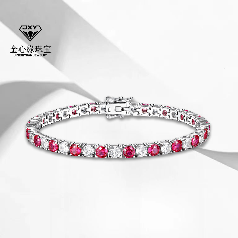 Foreign Trade Hot Selling S925 Sterling Silver Cultured Ruby ​​Tennis Bracelet for Women High-End Versatile Manufacturer Customized Wholesale