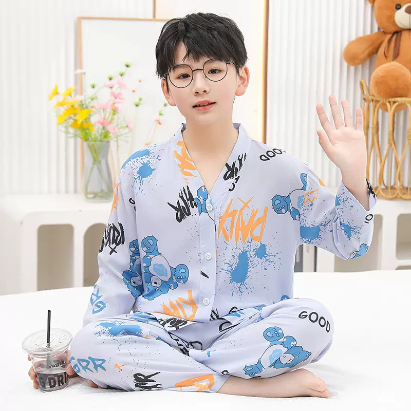 儿童睡衣长袖棉绸空调服服装夏夏季一家四口宝宝服装亲子装薄款童
