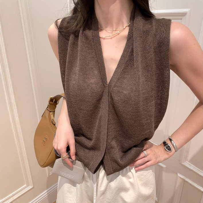 Hanyuan Apparel/2026 Spring/Summer New Linen Pile Collar Vest for Women, Summer V-Neck Stylish Inner Layer Top