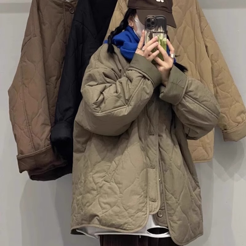 Pick up leakage ~ Japanese rhombus quilted coat women's autumn and winter loose thick warm light down cotton-padded jacket coat AAAA
