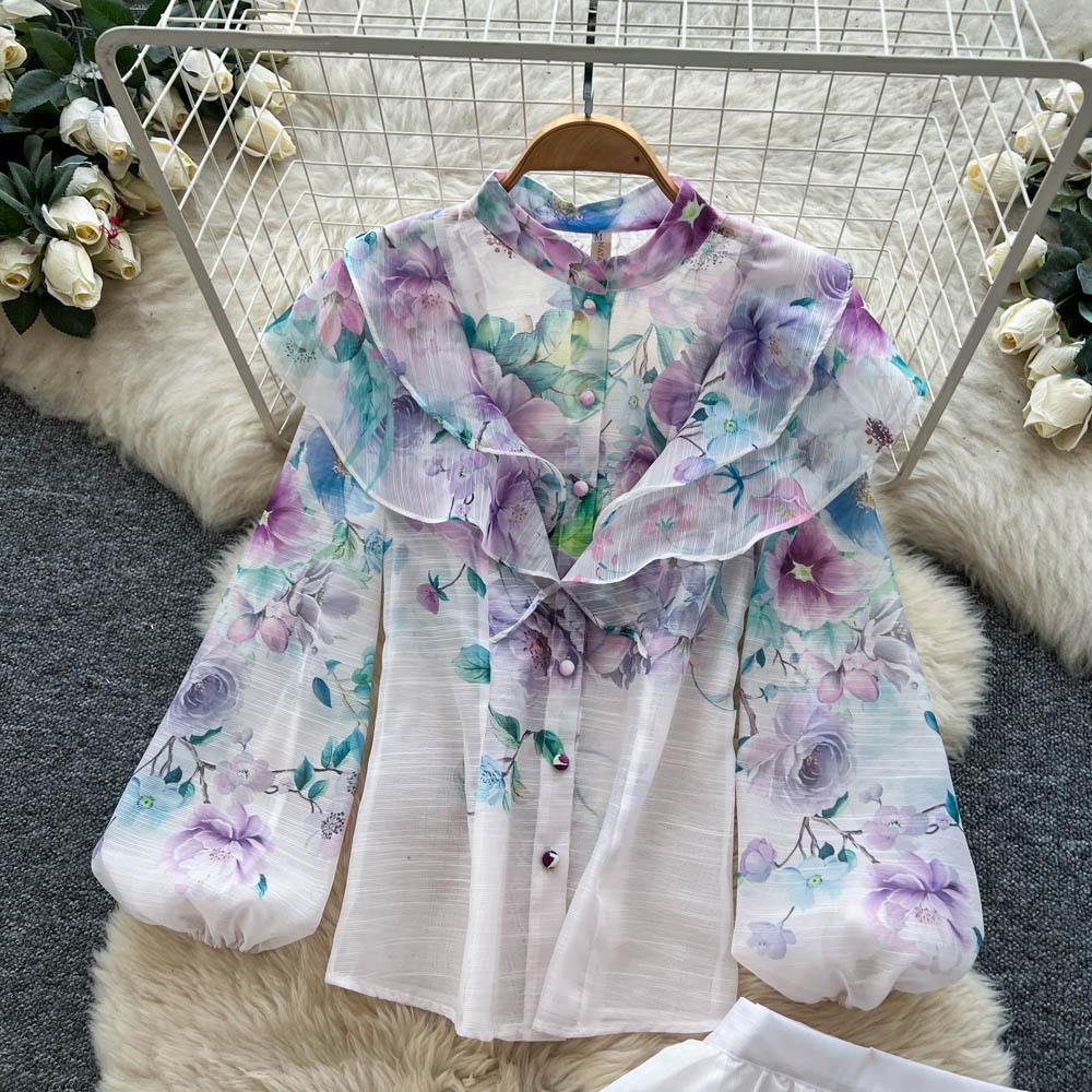 Women's French Retro Floral Print Two Piece Skirt Set Stand Collar Lantern Sleeves Slimming Maxi Skirt Autumn Style_ecoleips.com