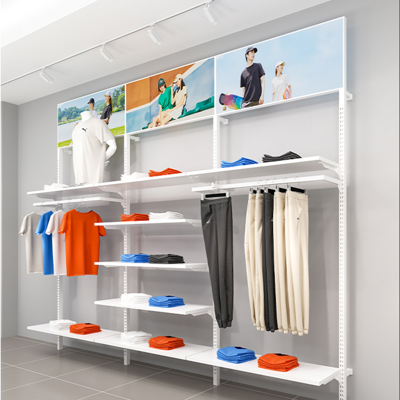 Tienda de ropa estante de exhibición colgante estante de piso estante de exhibición de pared de pared de bloqueo estante de ropa de hombre pared accesorios de exhibición