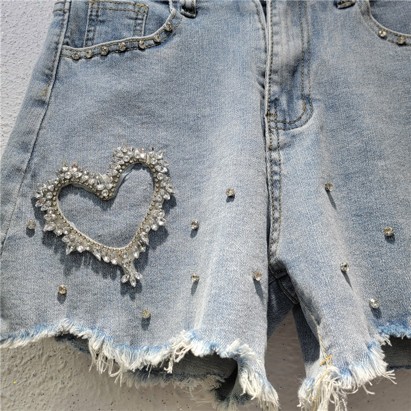 Pantalones Cortos Jeans Anchos para Mujer de Cintura Alta con Apliques para Verano