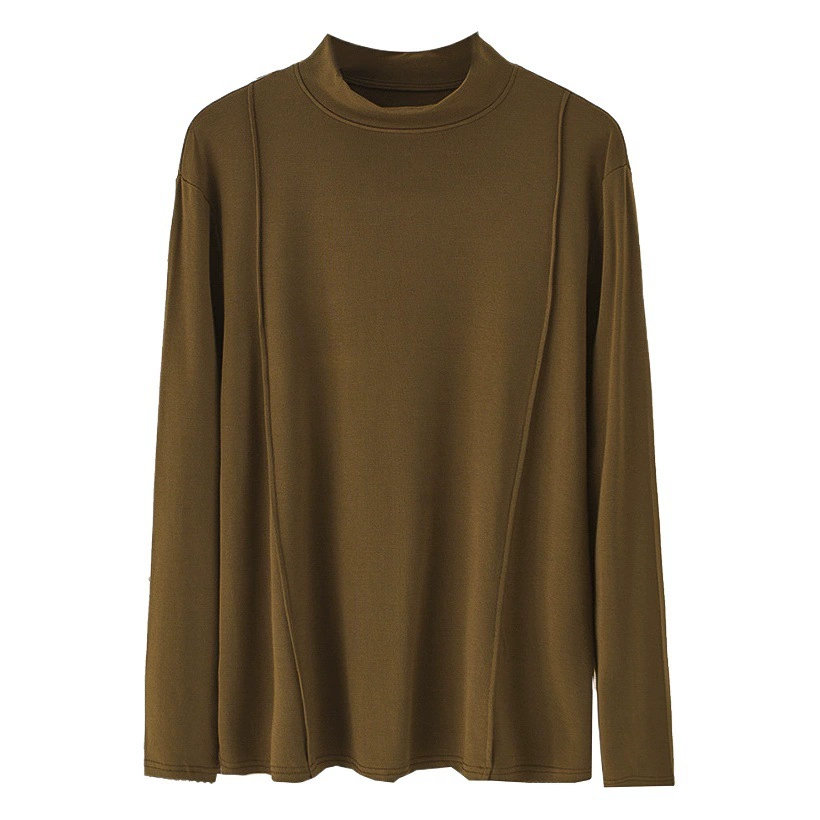 Осень 200 Джин пухлая девушка мода Джокер Однотонная футболка с полувысоким воротником и длинным рукавом Базовая рубашка больших размеров женская внутренняя часть 0002