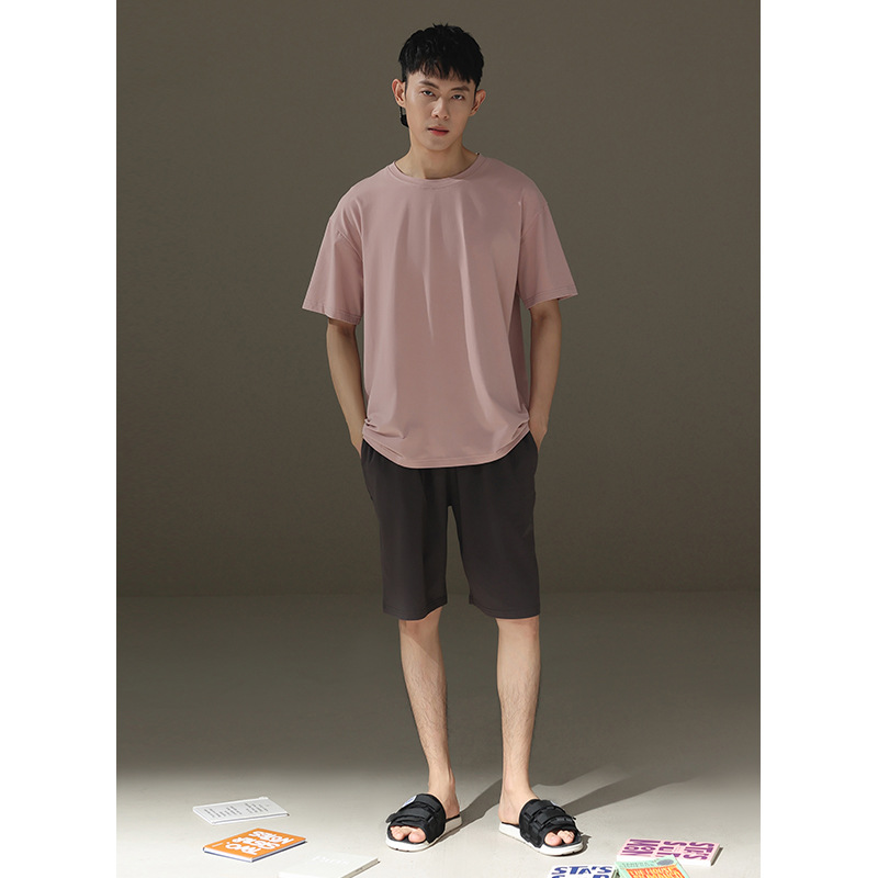 남자 잠옷 여름 새로운 면 라운드 넥 짧은 소매 십대는 얇은 면 홈 투피스 여름 옷을 입을 수 있습니다