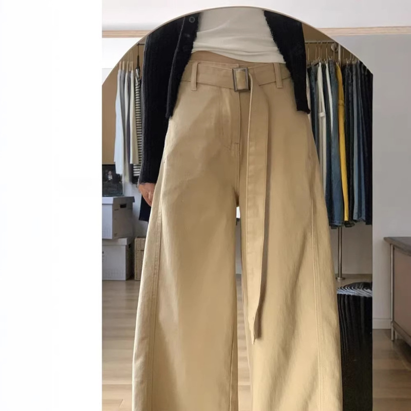 Women's Straight-Leg Pants with a High-End Drape, Premium Denim Jeans, Women's Straight-Leg Spring/Summer Style, Loose Fit, Flattering, with Belt