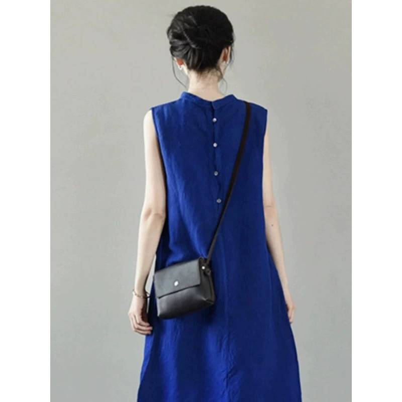 Платье без рукавов Летняя женская задняя пряжка льняная стоячий воротник ретро длинная юбка свободная темпераментная тонкая юбка