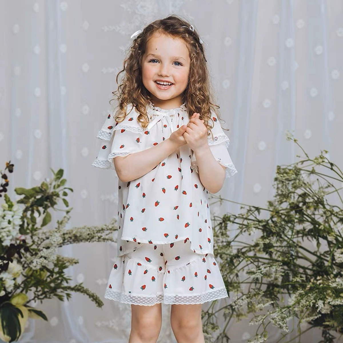 Summer strawberry, pijama, children's set, lace shorts, children's clothing, with short sleeve