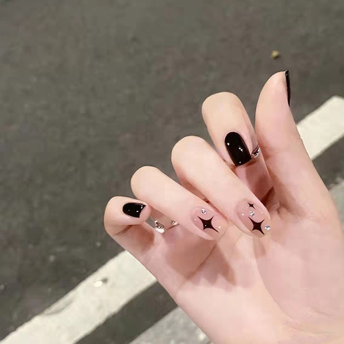 Yajena - Black Star Glitter Nail Art Fake Nails Wearable Nail Tips Removable Nail Stickers Nail Tips Ready to Use 