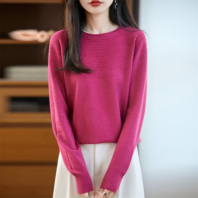 Dropshipping - New Style Cut Out Curled Round Neck Knitwear Women's Pullover Long-Sleeved Knitwear Loose and Versatile Bottoming Shirt