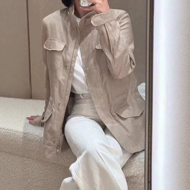 LP~~26 New Women's White Stand-Collar Linen Traveler Jacket, Casual and Versatile, Stylish Design LP~~26 New Women's White Stand-Collar Linen Traveler Jacket, Casual and Versatile, Stylish Design