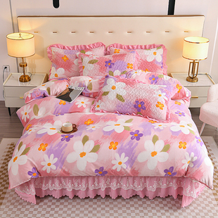 Kt Milk Velvet Bed Cover Four-Piece Set Fleece-Lined Thickeneded Coral Velvet Quilted Bed Skirt Winter Three-Piece Bed Bed Sheets Cover Princess