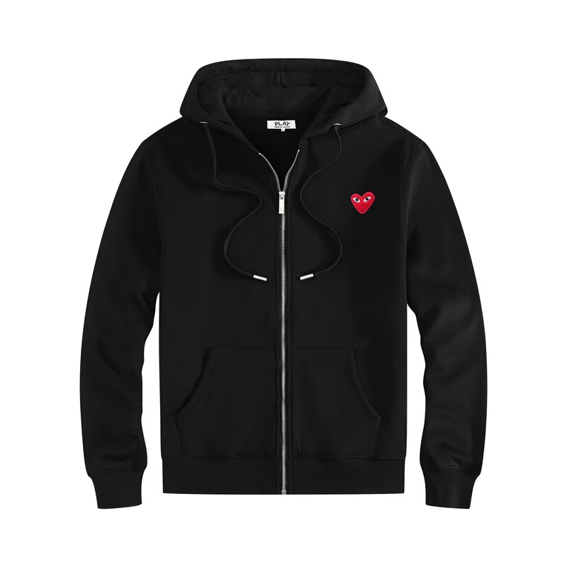 Cross-border PLAY casual cardigan sweatshirt, new spring/autumn collection, trendy Japanese-style couple's outfit, loose fit, with zipper and hood, featuring heart embroidery