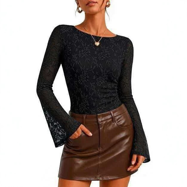 European and American style new lace long-sleeve T-shirt for women, slim-fit, round neck, bell sleeves, hollow-out sheer base layer, elegant top